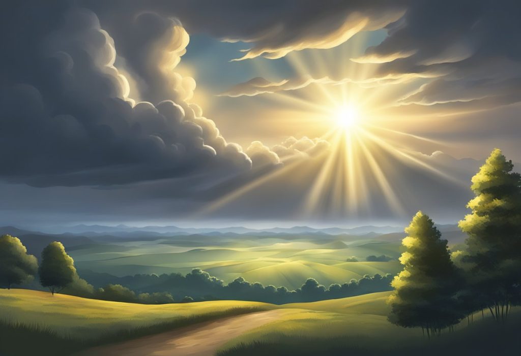 A radiant beam of light bursting through dark clouds, illuminating a peaceful landscape