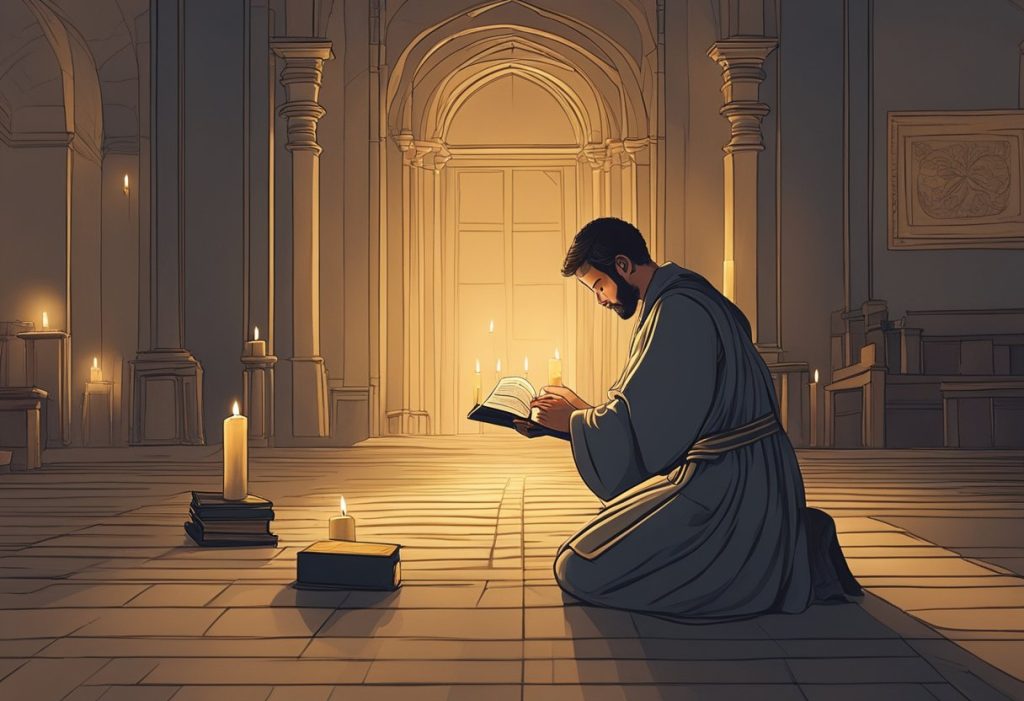 A solitary figure kneels in a dimly lit room, surrounded by flickering candles and an open Bible. The atmosphere is serene, with a sense of deep spiritual devotion and contemplation