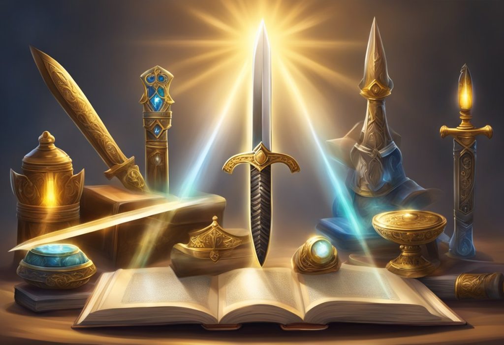 A radiant beam of light shines down on a collection of spiritual weapons, including a sword, shield, and prayer book, surrounded by an aura of divine energy