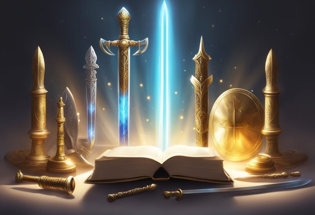 A radiant beam of light shining down onto a collection of spiritual weapons, including swords, shields, and prayer books, surrounded by an aura of divine energy