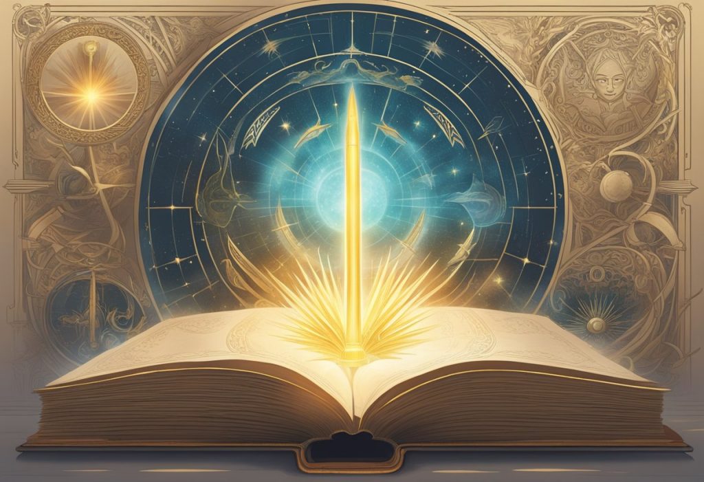 A radiant, ethereal light emanating from an ancient book, surrounded by celestial symbols and spiritual weapons