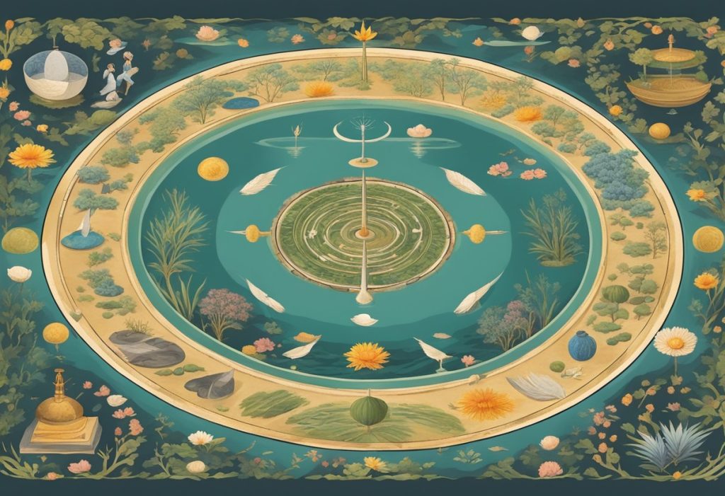 A serene garden with various spiritual disciplines symbolized as weapons of warfare, such as prayer, fasting, and meditation, arranged in a circular formation