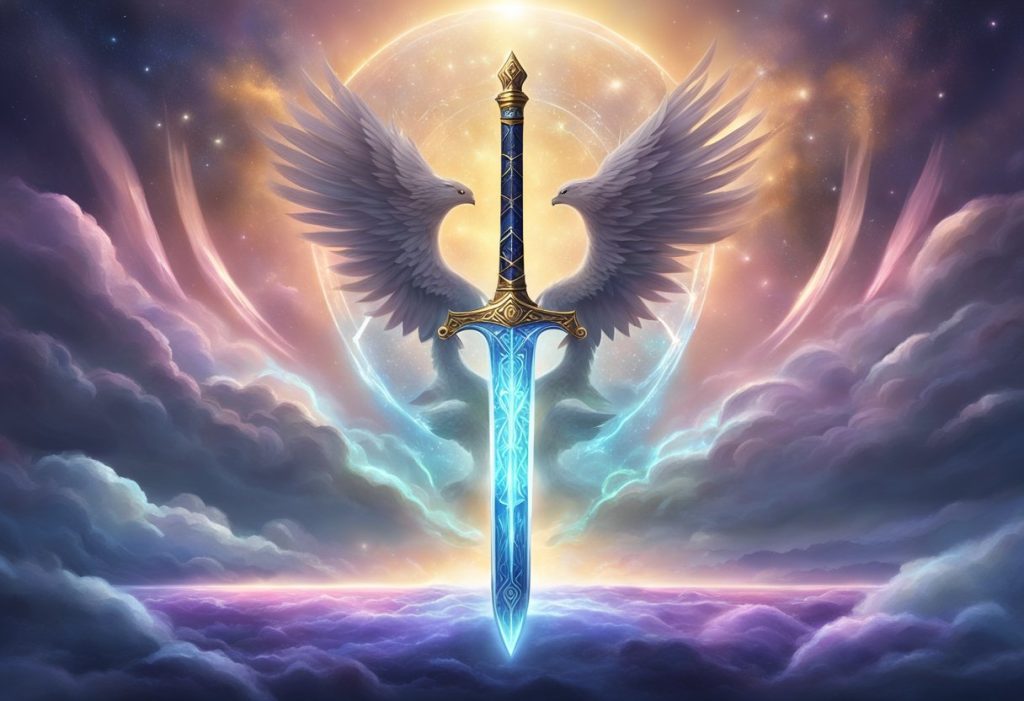 A glowing sword surrounded by ethereal energy and celestial symbols