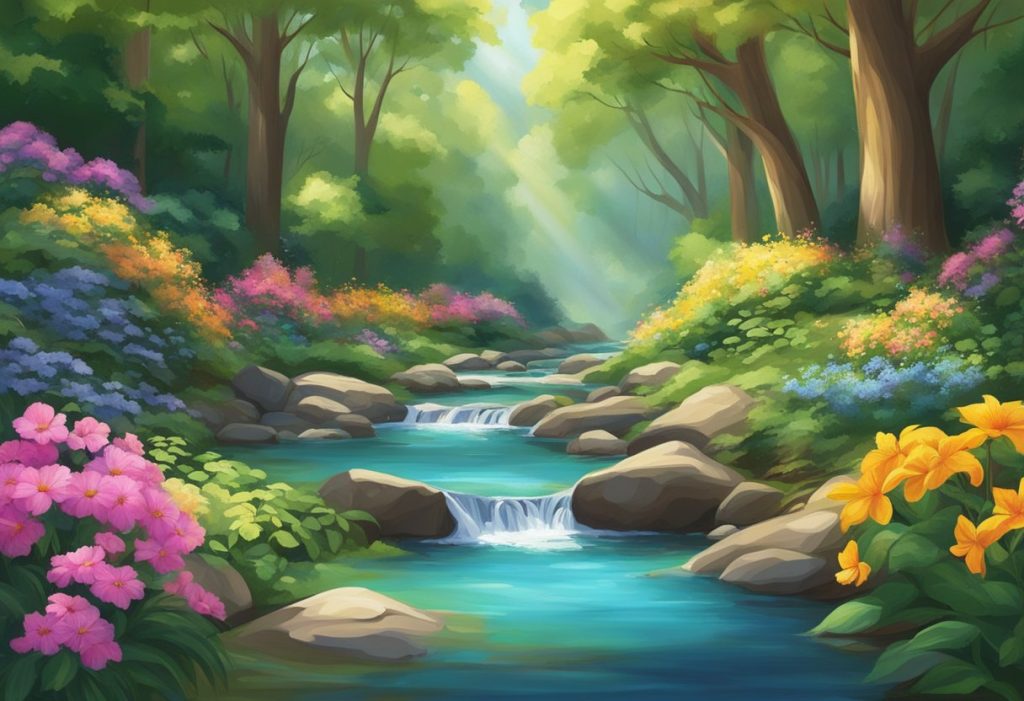 A tranquil stream flows through a lush forest, surrounded by vibrant flowers and towering trees. The water glistens in the sunlight, embodying peace and spiritual strength