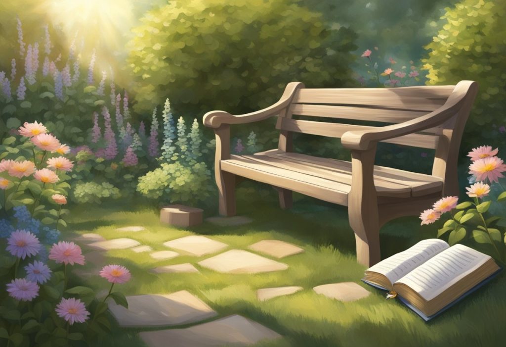 A serene, sunlit garden with a bench, bible, and a variety of spiritual objects scattered around, creating a peaceful atmosphere for quiet time with God