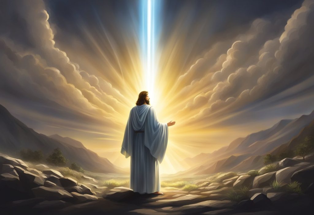 A radiant beam of light emanates from the name of Jesus, piercing through darkness and dispelling spiritual warfare