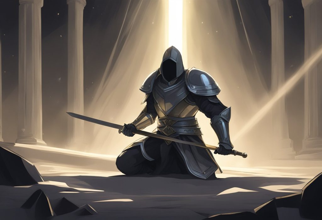 A figure kneeling in a beam of light, surrounded by darkness. A sword and shield lie discarded nearby