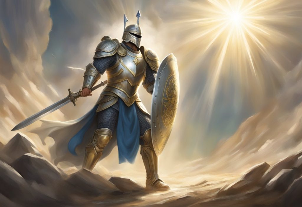 A figure stands in shining armor, surrounded by a halo of light, wielding a sword and shield amidst a spiritual battleground