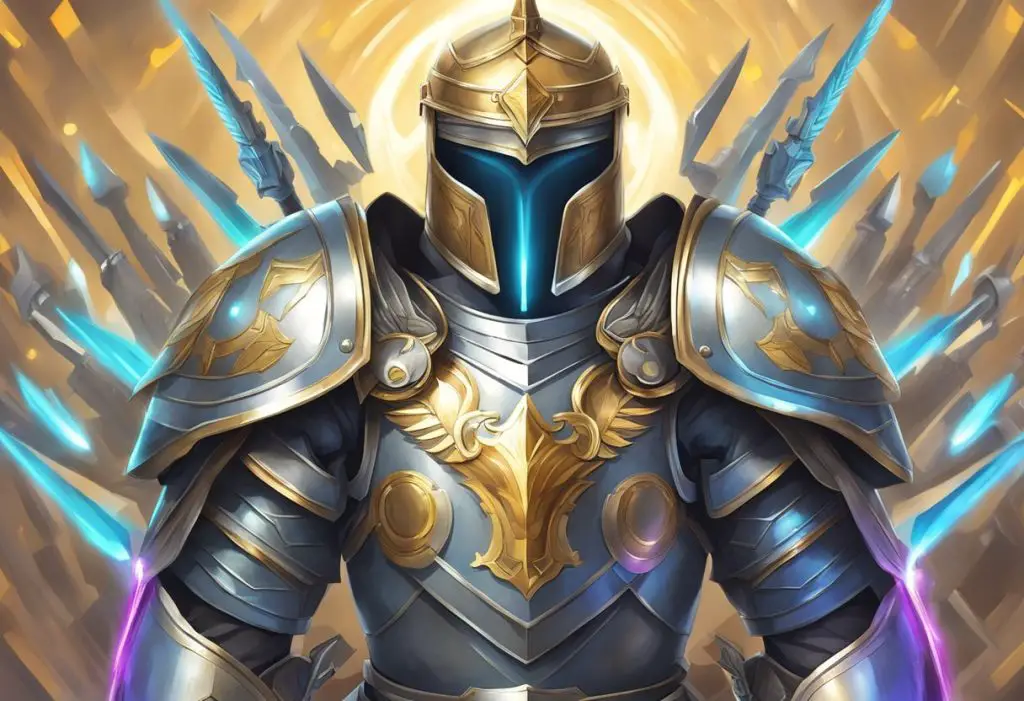 A radiant suit of armor surrounded by glowing spiritual weapons