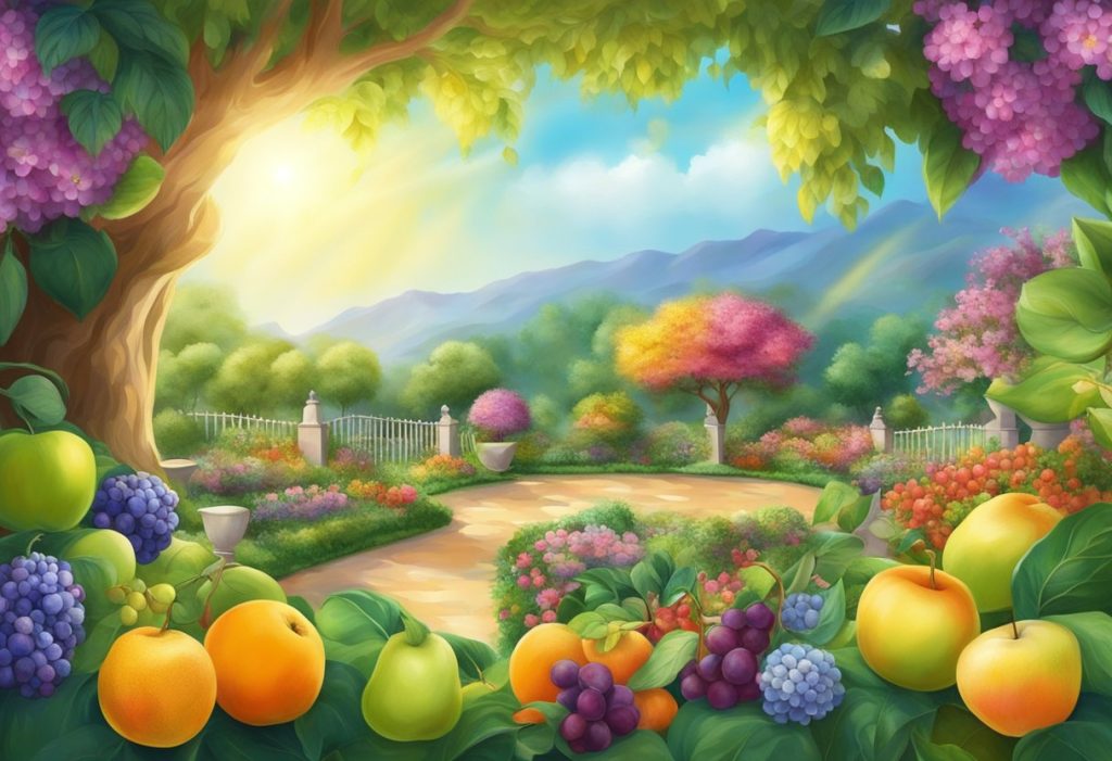 A garden filled with vibrant, ripe fruits and blooming flowers, surrounded by a radiant glow of spiritual energy