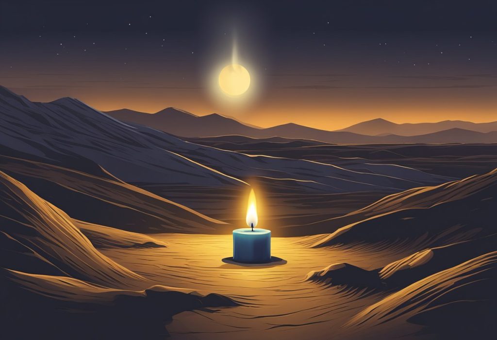 A solitary candle illuminates a dark, desolate landscape, casting a warm glow amidst the shadows