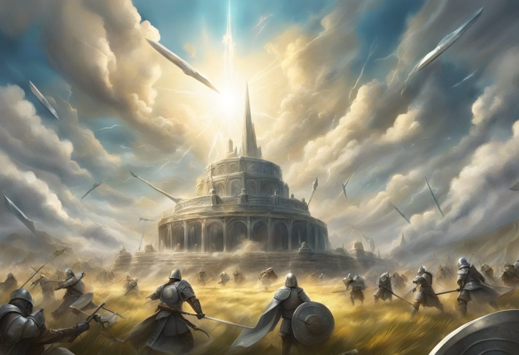 A battlefield with various spiritual weapons such as swords, shields, and armor scattered across the ground, surrounded by swirling clouds and beams of light