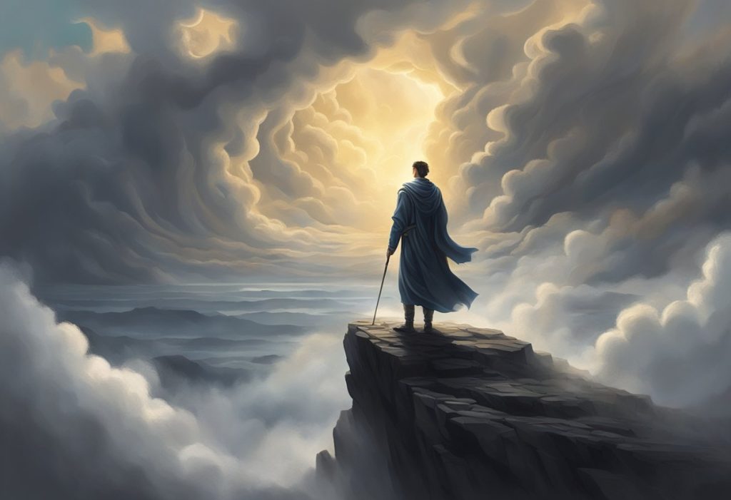 A lone figure stands on a rocky cliff, surrounded by swirling dark clouds and radiant light, symbolizing the inner struggle of spiritual warfare dreams