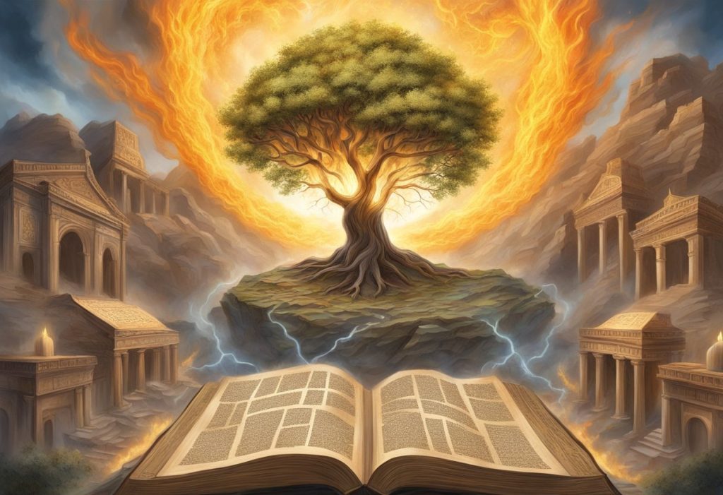 A burning bush emanating spiritual fire, surrounded by ancient scriptures and symbols of faith