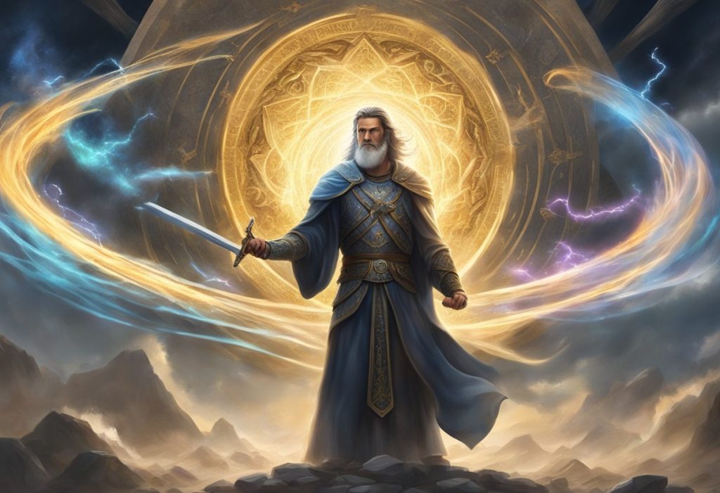 A figure surrounded by swirling spiritual energy, standing in a battlefield with a sword and shield, surrounded by glowing scriptures from the Bible