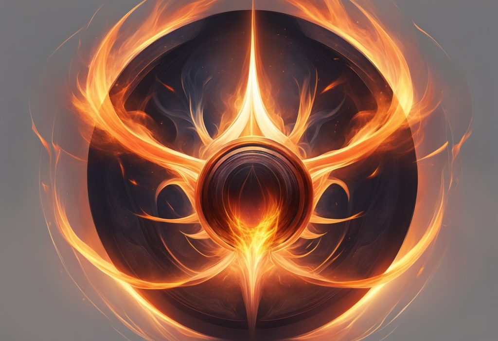 A circle of fiery red and orange flames encircling a dark, mysterious center, emanating a powerful and spiritual energy