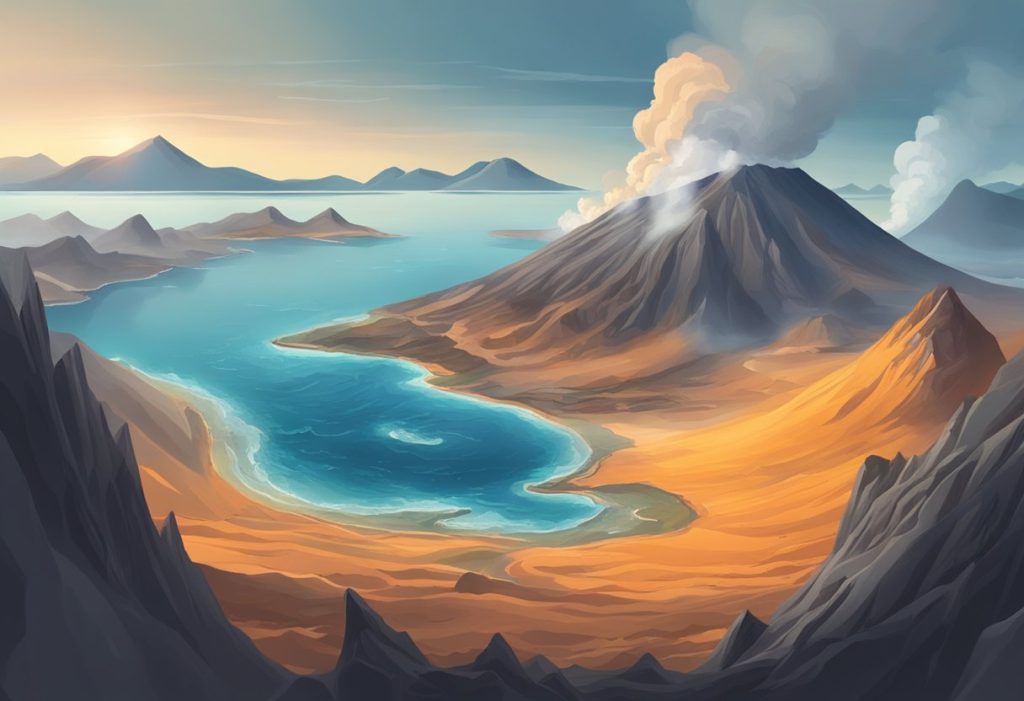 A volcanic landscape with mountains and smoking craters, surrounded by the ocean