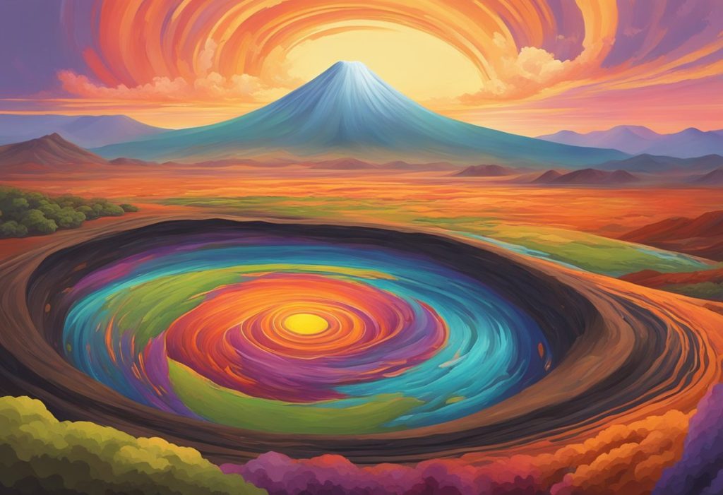 Vibrant, swirling colors emanate from a volcanic ring, influencing the surrounding landscape and cultural practices