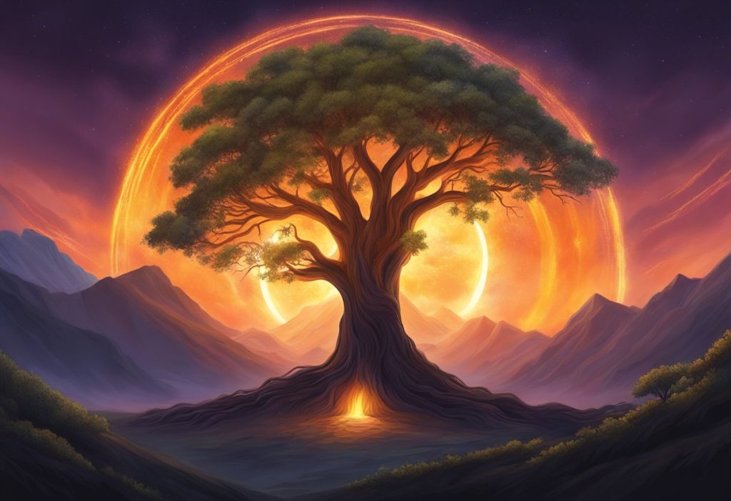 A lone tree standing tall amidst the fiery glow of the Ring of Fire, symbolizing resilience and transformation