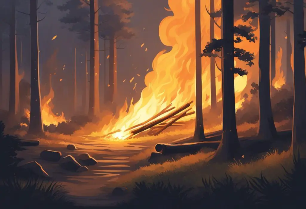 A roaring fire burning brightly, casting a warm glow and flickering shadows in a dark, serene forest clearing