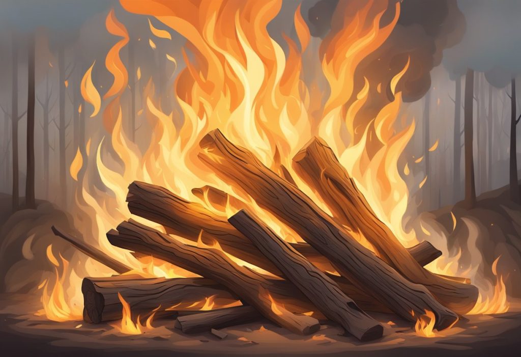 A roaring fire consumes a pile of dead wood, birthing vibrant flames that dance and flicker, symbolizing the powerful process of transformation