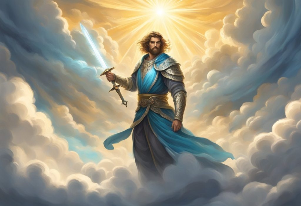 A radiant figure stands amidst swirling clouds, wielding a sword of light against shadowy forces