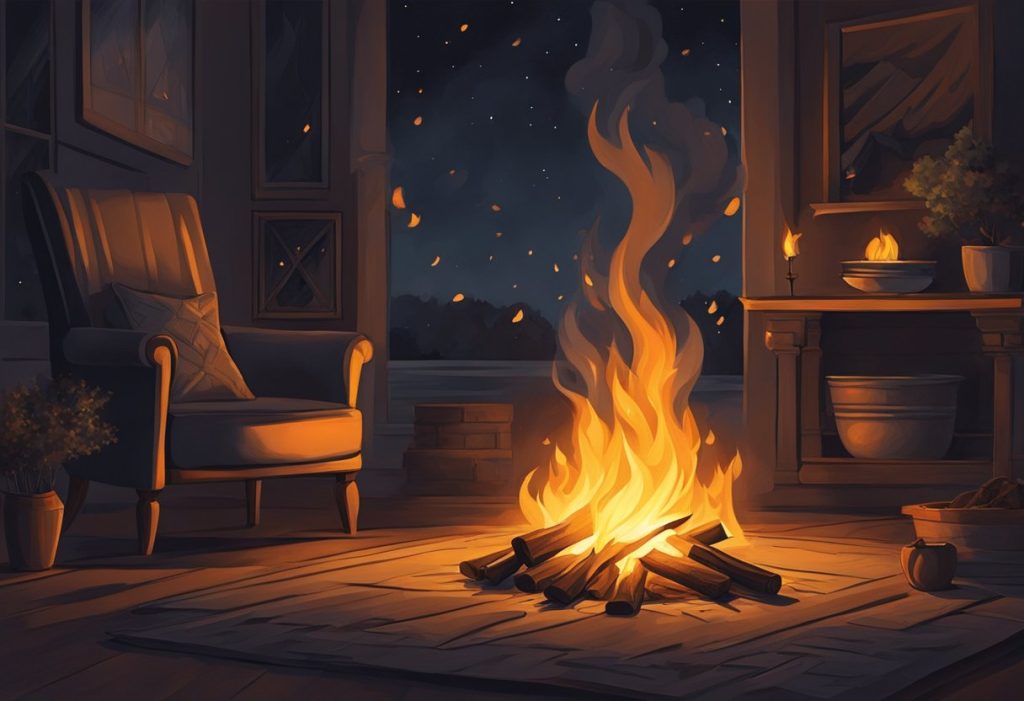 A roaring fire dances in the darkness, casting flickering shadows on the surrounding objects. The warm glow of the flames creates a sense of comfort and tranquility, evoking feelings of warmth and renewal in the observer's spirit