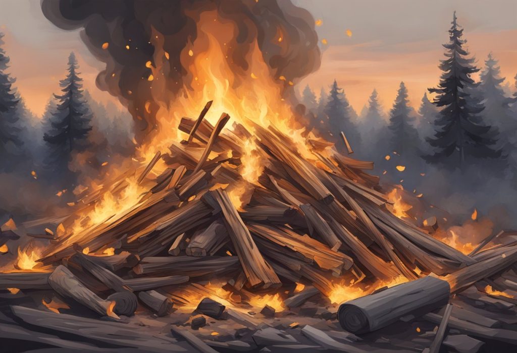 A roaring fire consumes a pile of debris, the flames dancing and flickering as they cleanse and purify the surrounding space