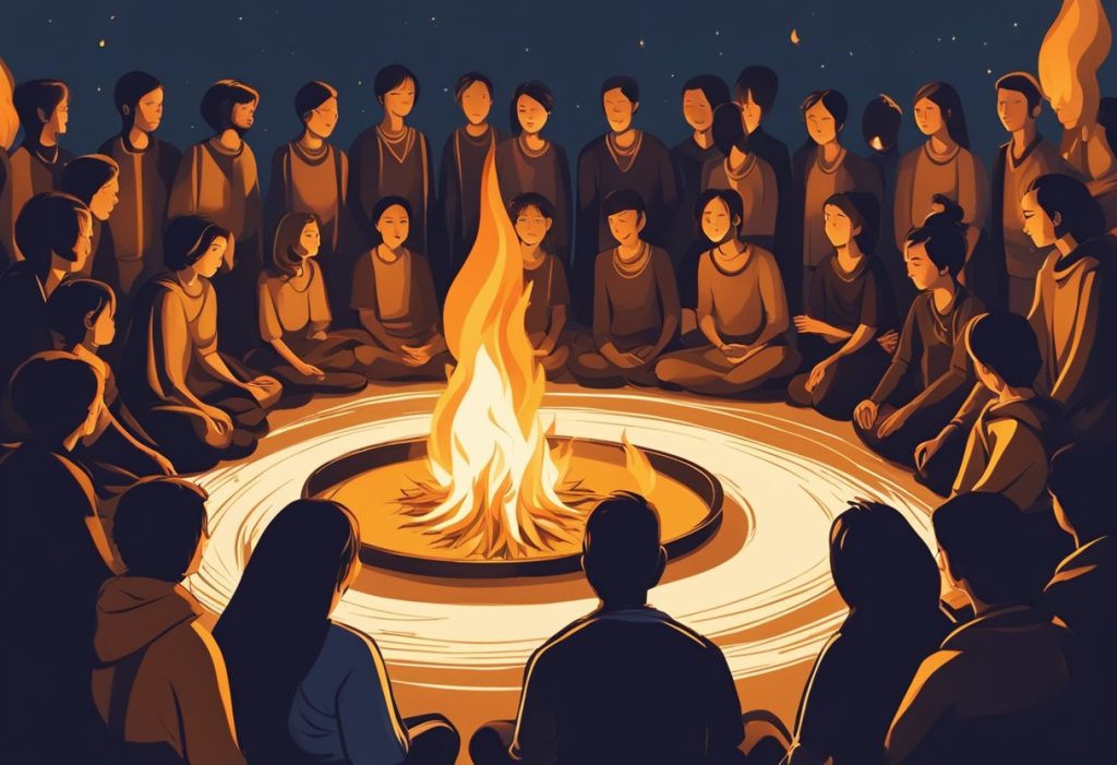 A small bonfire flickers in the darkness, casting a warm glow. Surrounding it, a circle of people meditates, their faces illuminated by the dancing flames